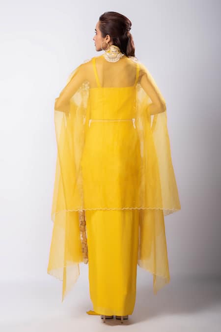 Shop Smriti By Anju Agarwal Yellow Silk, Organza Cut Work, Embroidery Aria Cutwork Cape Draped Skirt Set at Aza Fashions Shop_Smriti By Anju Agarwal_Yellow Silk, Organza Cut Work, Embroidery Aria Cutwork Cape Draped Skirt Set _at_Aza_Fashions
