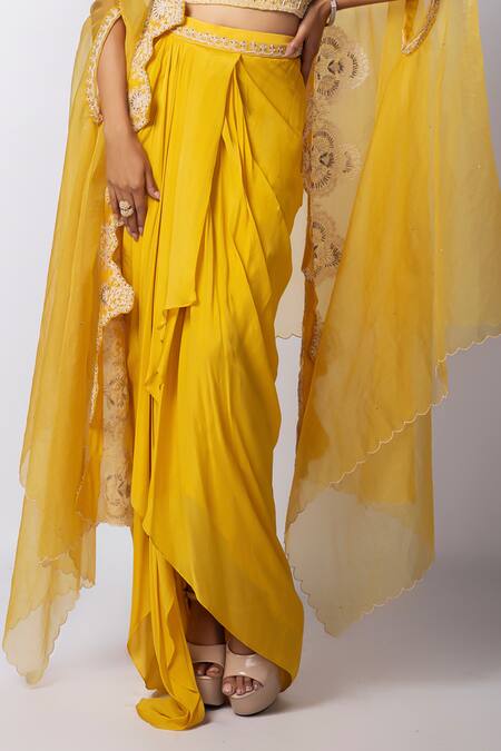 Smriti By Anju Agarwal Yellow Silk, Organza Cut Work, Embroidery Aria Cutwork Cape Draped Skirt Set Online at Aza Fashions Smriti By Anju Agarwal_Yellow Silk, Organza Cut Work, Embroidery Aria Cutwork Cape Draped Skirt Set _Online_at_Aza_Fashions