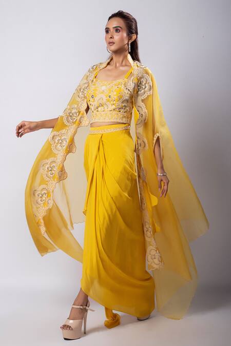 Buy Smriti By Anju Agarwal Yellow Silk, Organza Cut Work, Embroidery Aria Cutwork Cape Draped Skirt Set Online at Aza Fashions Buy_Smriti By Anju Agarwal_Yellow Silk, Organza Cut Work, Embroidery Aria Cutwork Cape Draped Skirt Set _Online_at_Aza_Fashions