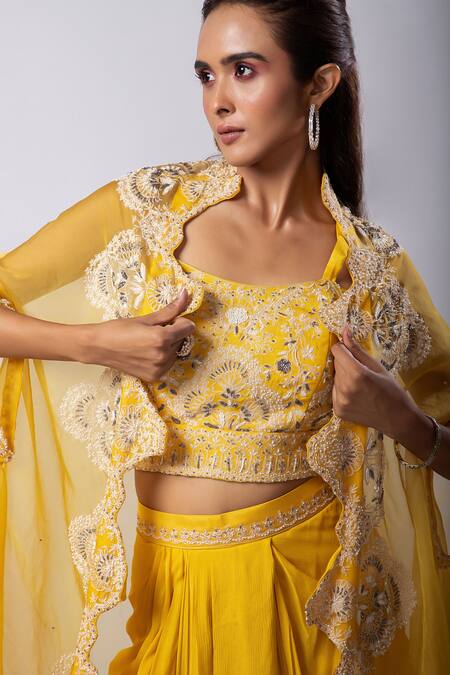 Shop Smriti By Anju Agarwal Yellow Silk, Organza Cut Work, Embroidery Aria Cutwork Cape Draped Skirt Set Online at Aza Fashions Shop_Smriti By Anju Agarwal_Yellow Silk, Organza Cut Work, Embroidery Aria Cutwork Cape Draped Skirt Set _Online_at_Aza_Fashions