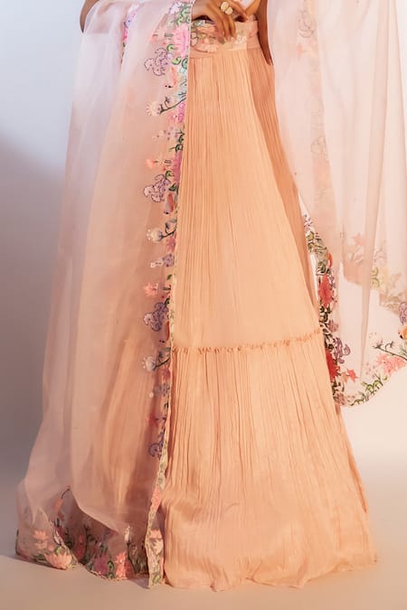 Smriti By Anju Agarwal_Peach Crepe, Organza, Taffeta, Chiffon Embroidery Asymmetric Reese Lehenga Set _Online_at_Aza_Fashions