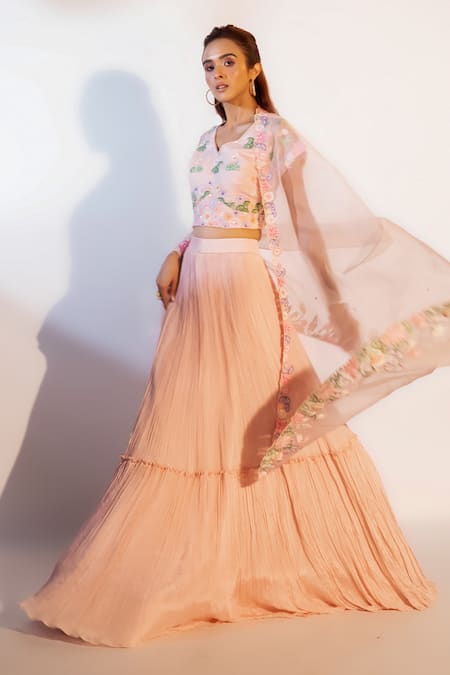 Buy_Smriti By Anju Agarwal_Peach Crepe, Organza, Taffeta, Chiffon Embroidery Asymmetric Reese Lehenga Set _Online_at_Aza_Fashions