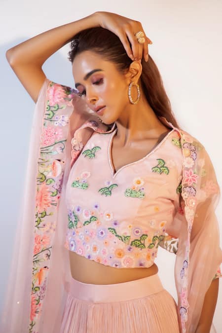 Shop_Smriti By Anju Agarwal_Peach Crepe, Organza, Taffeta, Chiffon Embroidery Asymmetric Reese Lehenga Set _Online_at_Aza_Fashions