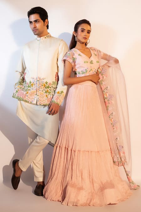 Smriti By Anju Agarwal_Peach Crepe, Organza, Taffeta, Chiffon Embroidery Asymmetric Reese Lehenga Set _at_Aza_Fashions
