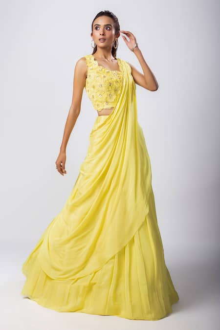 Smriti by Anju Agarwal Yellow Top Silk Tafetta Embroidered Sequin Sleeveless Maisie Lehenga Set 