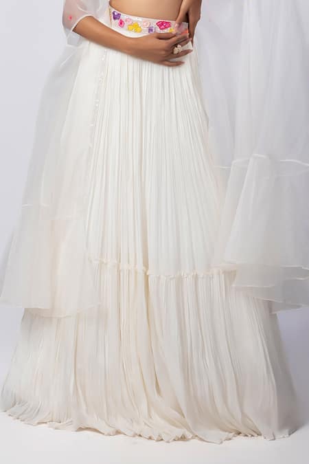 Smriti By Anju Agarwal_White Chiffon, Satin, Organza, Crepe Sequins, Elisa Floral Lehenga Set _Online_at_Aza_Fashions