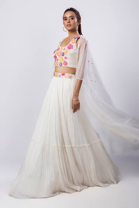 Buy_Smriti By Anju Agarwal_White Chiffon, Satin, Organza, Crepe Sequins, Elisa Floral Lehenga Set _Online_at_Aza_Fashions