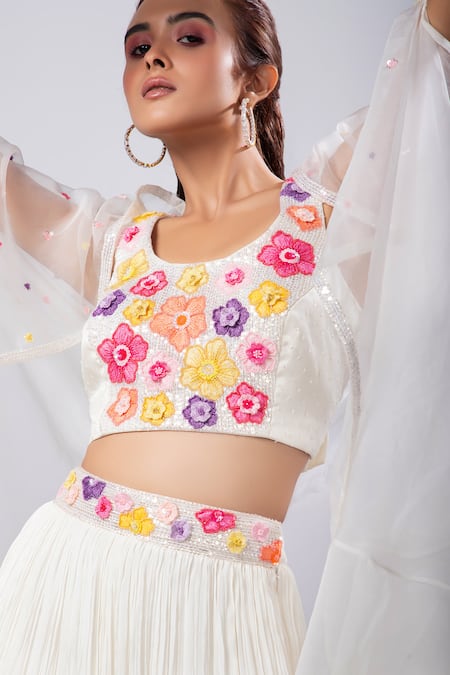 Shop_Smriti By Anju Agarwal_White Chiffon, Satin, Organza, Crepe Sequins, Elisa Floral Lehenga Set _Online_at_Aza_Fashions