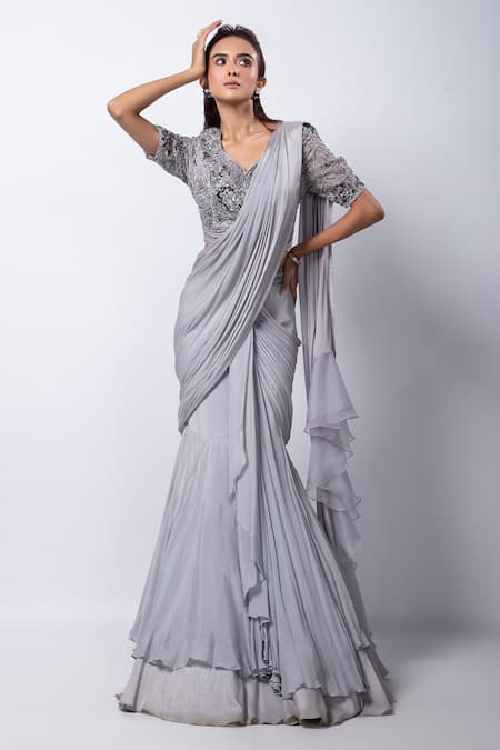 Smriti by Anju Agarwal Grey Blouse Organza Silk Tafetta Embroidered Remi Pre-draped Lehenga Saree