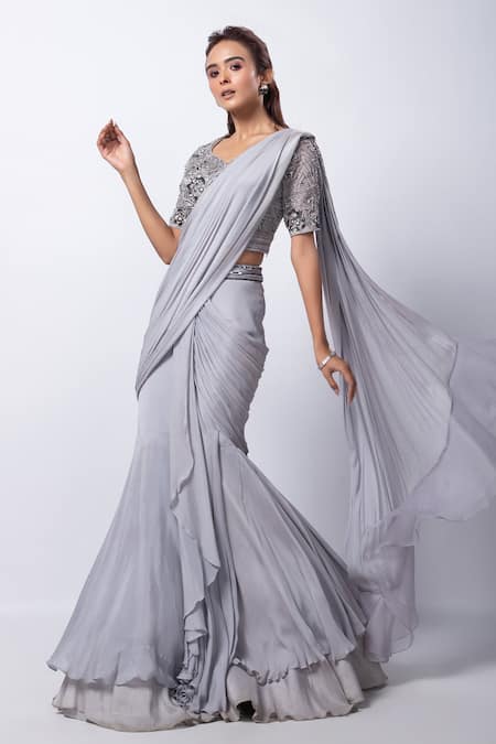 Smriti By Anju Agarwal_Grey Organza, Silk, Taffeta Beads, Cut Work Round Remi Pre-draped Lehenga Saree _Online_at_Aza_Fashions
