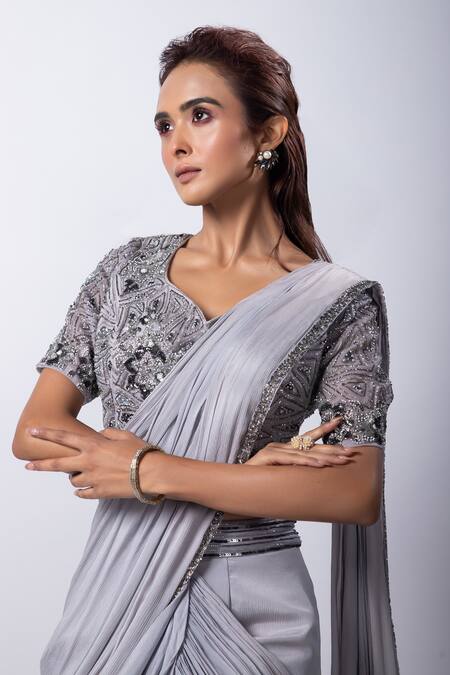 Buy_Smriti By Anju Agarwal_Grey Organza, Silk, Taffeta Beads, Cut Work Round Remi Pre-draped Lehenga Saree _Online_at_Aza_Fashions