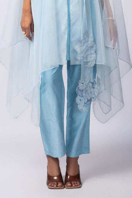 Smriti By Anju Agarwal_Blue Organza, Silk Pearls, Applique, Embroidery Nyra Floral Jacket Pant Set _Online_at_Aza_Fashions