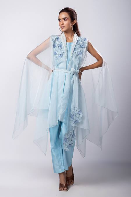 Buy_Smriti By Anju Agarwal_Blue Organza, Silk Pearls, Applique, Embroidery Nyra Floral Jacket Pant Set _Online_at_Aza_Fashions