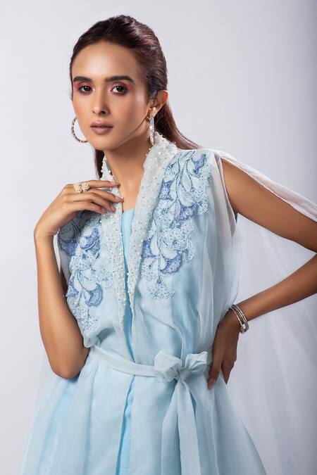 Shop_Smriti By Anju Agarwal_Blue Organza, Silk Pearls, Applique, Embroidery Nyra Floral Jacket Pant Set _Online_at_Aza_Fashions