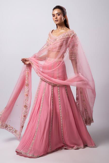 Buy_Smriti By Anju Agarwal_Pink Chiffon, Silk, Net, Crepe Cut Work, Embroidery, Pearls Kiera Lehenga Set _Online_at_Aza_Fashions