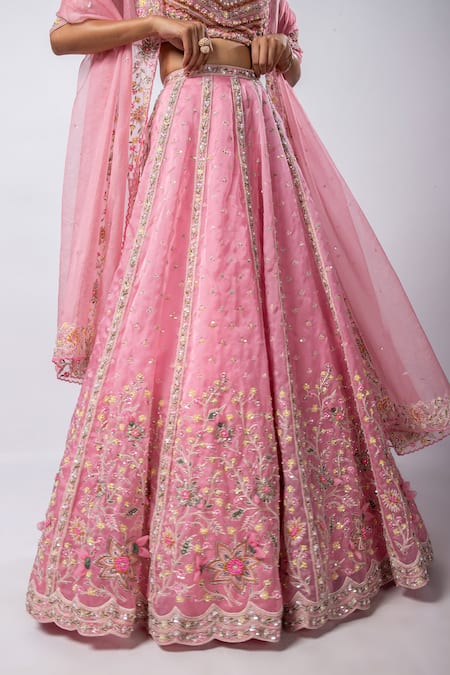 Smriti By Anju Agarwal_Pink Chiffon Cut Work, Embroidery, Pearls Lusia Floral Panelled Lehenga Set _Online_at_Aza_Fashions