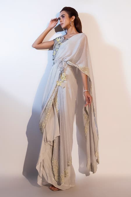 Smriti By Anju Agarwal_Grey Chiffon, Silk Pearls Round Neck Esme Pre-draped Saree With Blouse _Online_at_Aza_Fashions