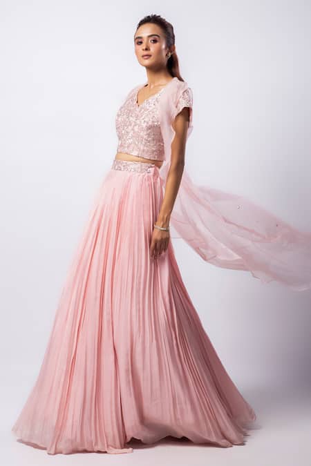 Buy_Smriti By Anju Agarwal_Pink Silk, Taffeta, Organza, Shay Embroidered Lehenga Set With Ruffle Jacket _Online_at_Aza_Fashions