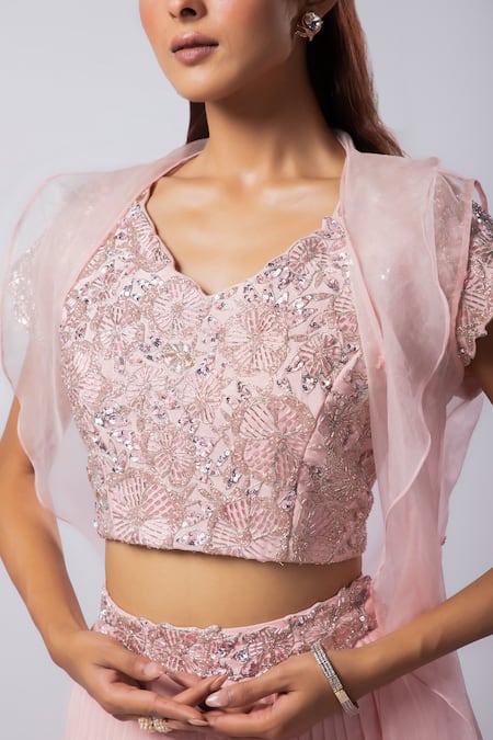 Shop_Smriti By Anju Agarwal_Pink Silk, Taffeta, Organza, Shay Embroidered Lehenga Set With Ruffle Jacket _Online_at_Aza_Fashions