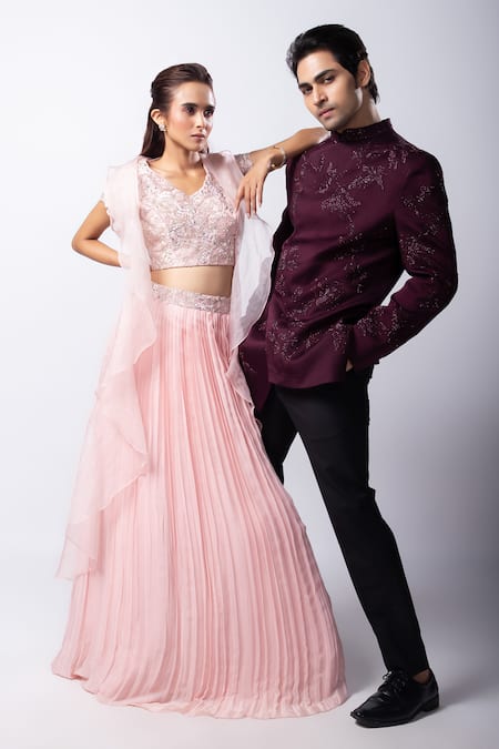 Smriti By Anju Agarwal_Pink Silk, Taffeta, Organza, Shay Embroidered Lehenga Set With Ruffle Jacket _at_Aza_Fashions