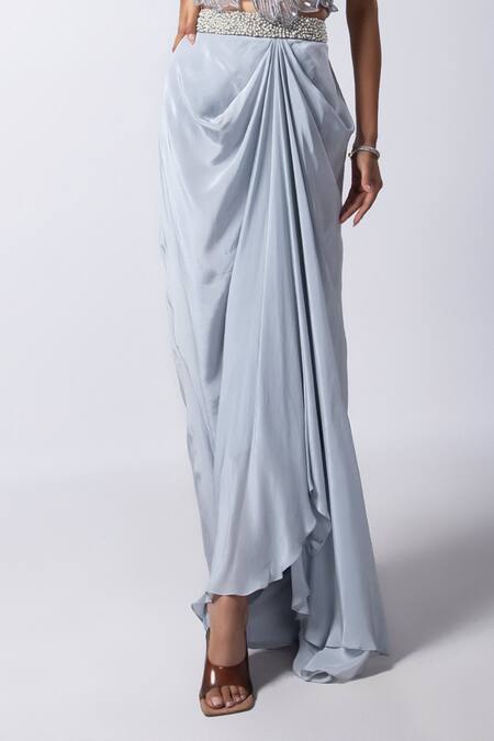 Smriti By Anju Agarwal_Grey Crepe, Taffeta, Organza Pearls, Beads Round Arleth Top And Draped Skirt Set _Online_at_Aza_Fashions