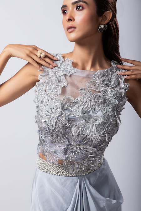 Shop_Smriti By Anju Agarwal_Grey Crepe, Taffeta, Organza Pearls, Beads Round Arleth Top And Draped Skirt Set _Online_at_Aza_Fashions