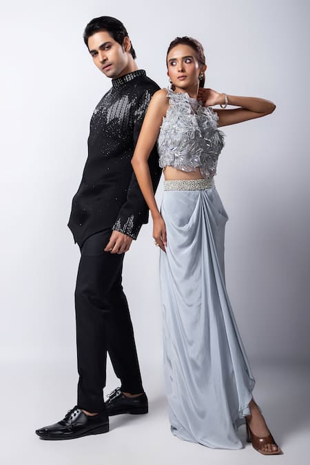 Smriti By Anju Agarwal_Grey Crepe, Taffeta, Organza Pearls, Beads Round Arleth Top And Draped Skirt Set _at_Aza_Fashions