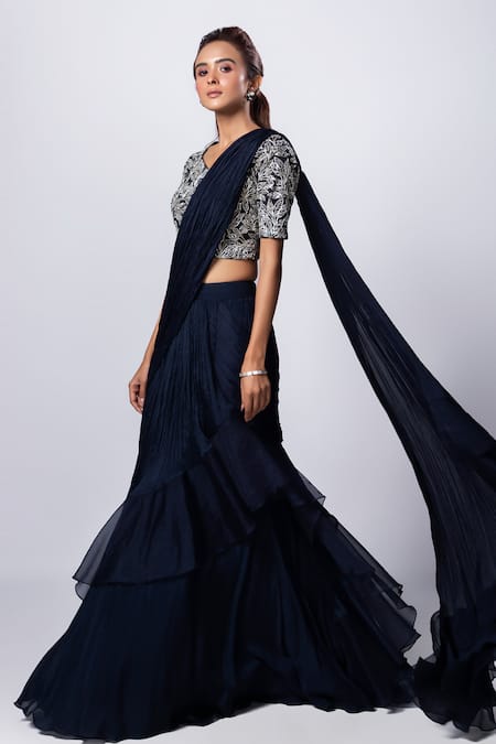 Smriti By Anju Agarwal_Blue Organza, Crepe, Taffeta Siana Pre-draped Lehenga Saree With Blouse _Online_at_Aza_Fashions