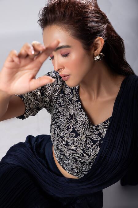 Buy_Smriti By Anju Agarwal_Blue Organza, Crepe, Taffeta Siana Pre-draped Lehenga Saree With Blouse _Online_at_Aza_Fashions