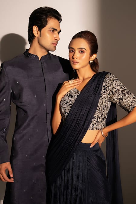 Shop_Smriti By Anju Agarwal_Blue Organza, Crepe, Taffeta Siana Pre-draped Lehenga Saree With Blouse _Online_at_Aza_Fashions