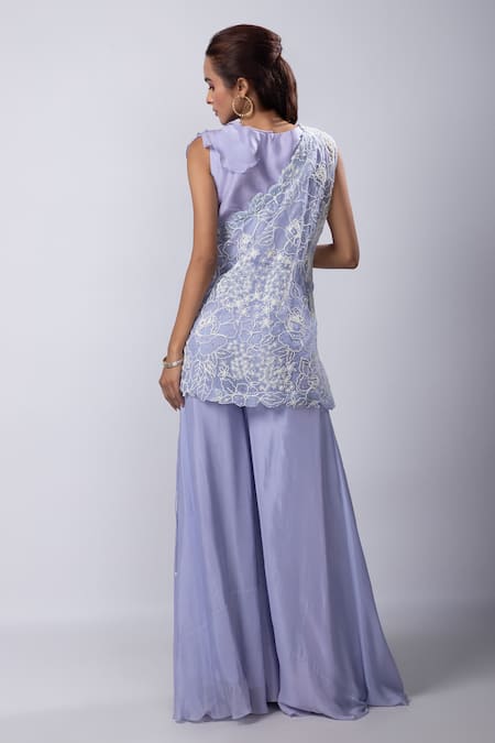 Shop Smriti By Anju Agarwal Blue Bamboo, Taffeta Embroidery One Shoulder Merina Cape Flared Pant Set at Aza Fashions Shop_Smriti By Anju Agarwal_Blue Bamboo, Taffeta Embroidery One Shoulder Merina Cape Flared Pant Set _at_Aza_Fashions