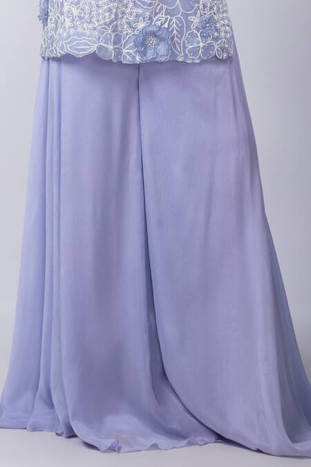 Smriti By Anju Agarwal Blue Bamboo, Taffeta Embroidery One Shoulder Merina Cape Flared Pant Set Online at Aza Fashions Smriti By Anju Agarwal_Blue Bamboo, Taffeta Embroidery One Shoulder Merina Cape Flared Pant Set _Online_at_Aza_Fashions