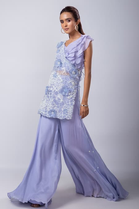 Buy Smriti By Anju Agarwal Blue Bamboo, Taffeta Embroidery One Shoulder Merina Cape Flared Pant Set Online at Aza Fashions Buy_Smriti By Anju Agarwal_Blue Bamboo, Taffeta Embroidery One Shoulder Merina Cape Flared Pant Set _Online_at_Aza_Fashions