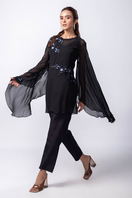 Buy_Smriti By Anju Agarwal_Black Silk, Georgette, Organza, Taffeta Pearls, Alanie Embellished Top Pant Set _Online_at_Aza_Fashions