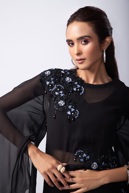 Shop_Smriti By Anju Agarwal_Black Silk, Georgette, Organza, Taffeta Pearls, Alanie Embellished Top Pant Set _Online_at_Aza_Fashions