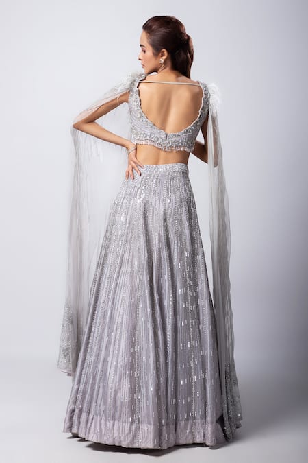 Shop Smriti By Anju Agarwal Grey Satin, Organza, Net, Taffeta Sequins, Sylver Embellished Lehenga Set at Aza Fashions Shop_Smriti By Anju Agarwal_Grey Satin, Organza, Net, Taffeta Sequins, Sylver Embellished Lehenga Set _at_Aza_Fashions