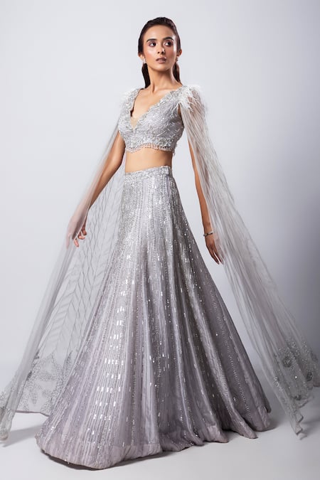 Shop Smriti By Anju Agarwal Grey Satin, Organza, Net, Taffeta Sequins, Sylver Embellished Lehenga Set Online at Aza Fashions Shop_Smriti By Anju Agarwal_Grey Satin, Organza, Net, Taffeta Sequins, Sylver Embellished Lehenga Set _Online_at_Aza_Fashions