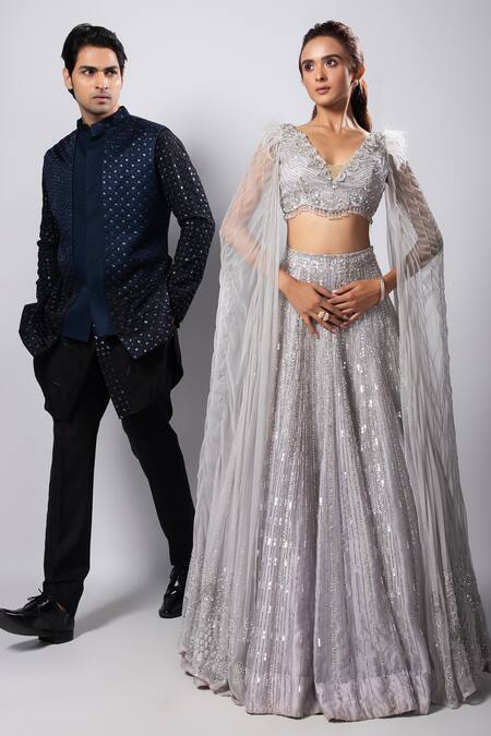 Smriti By Anju Agarwal Grey Satin, Organza, Net, Taffeta Sequins, Sylver Embellished Lehenga Set at Aza Fashions Smriti By Anju Agarwal_Grey Satin, Organza, Net, Taffeta Sequins, Sylver Embellished Lehenga Set _at_Aza_Fashions