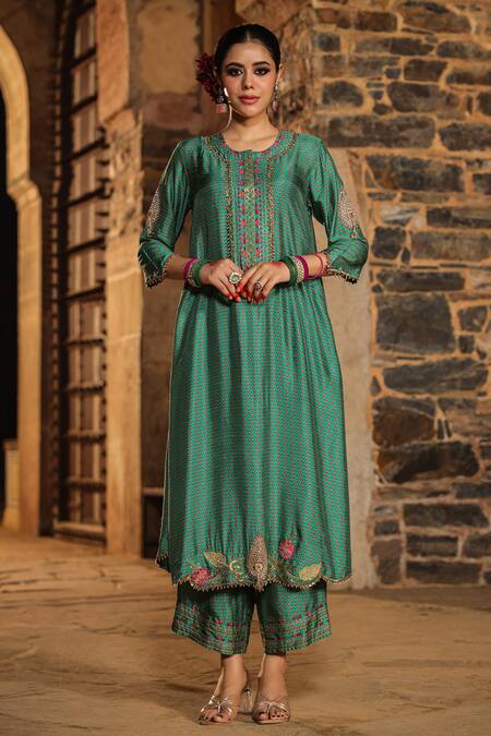 Label Niti Bothra_Blue Silk, Organza Pearls, Embroidery Round Neck Cheent Print And Kurta Pant Set _Online_at_Aza_Fashions
