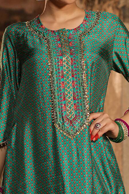 Shop_Label Niti Bothra_Blue Silk, Organza Pearls, Embroidery Round Neck Cheent Print And Kurta Pant Set _Online_at_Aza_Fashions