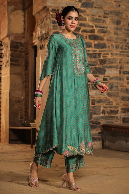 Buy_Label Niti Bothra_Blue Silk, Organza Pearls, Embroidery Round Neck Cheent Print And Kurta Pant Set 