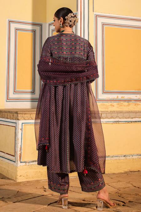 Shop_Label Niti Bothra_Blue Silk, Organza Pearls, Zari, Embroidery Round Applique Motif Kurta Pant Set _at_Aza_Fashions