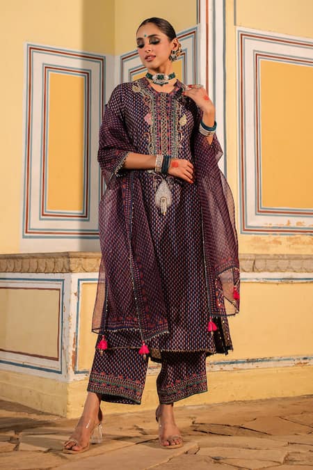 Buy_Label Niti Bothra_Blue Silk, Organza Pearls, Zari, Embroidery Round Applique Motif Kurta Pant Set _Online_at_Aza_Fashions