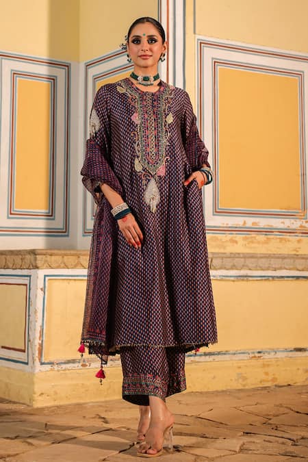 Shop_Label Niti Bothra_Blue Silk, Organza Pearls, Zari, Embroidery Round Applique Motif Kurta Pant Set _Online_at_Aza_Fashions