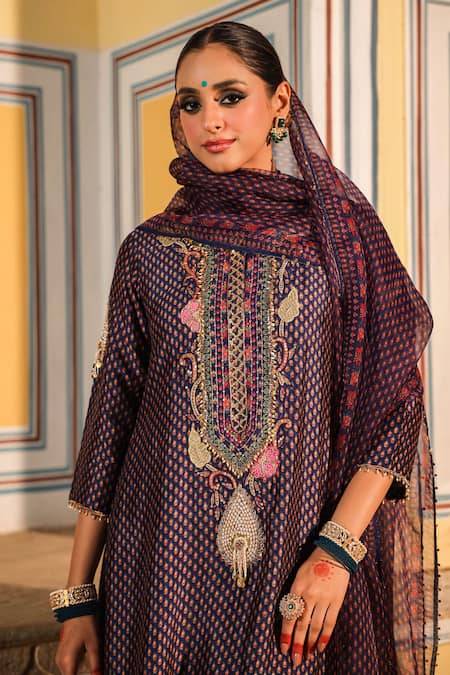 Label Niti Bothra_Blue Silk, Organza Pearls, Zari, Embroidery Round Applique Motif Kurta Pant Set _at_Aza_Fashions