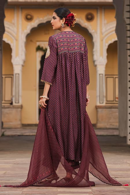 Shop_Label Niti Bothra_Purple Silk, Organza Pearls Round Neck Embroidered Cheent Print Kurta Pant Set _at_Aza_Fashions