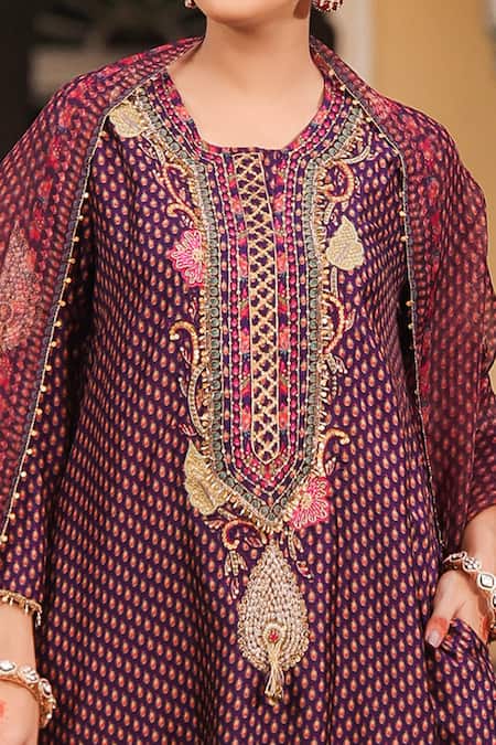 Shop Label Niti Bothra Purple Silk, Organza Pearls Round Neck Embroidered Cheent Print Kurta Pant Set Online at Aza Fashions Shop_Label Niti Bothra_Purple Silk, Organza Pearls Round Neck Embroidered Cheent Print Kurta Pant Set _Online_at_Aza_Fashions