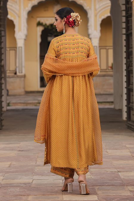 Shop_Label Niti Bothra_Yellow Silk, Organza Applique, Pearls Round Motif Embroidered Kurta Pant Set _at_Aza_Fashions