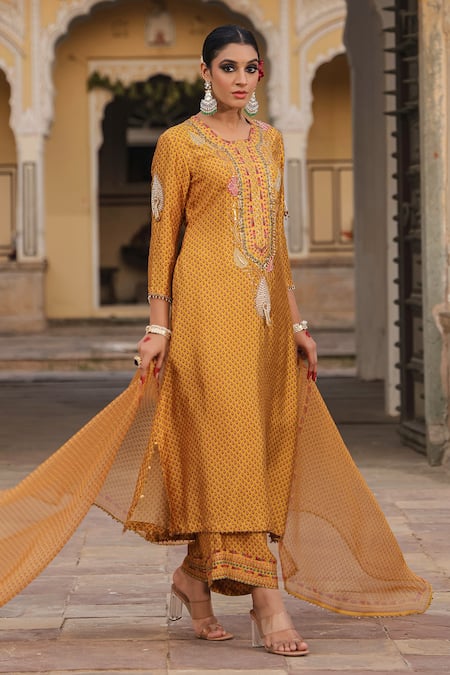 Shop_Label Niti Bothra_Yellow Silk, Organza Applique, Pearls Round Motif Embroidered Kurta Pant Set _Online_at_Aza_Fashions