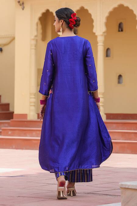 Shop Label Niti Bothra Blue Silk Pearls, Zari, Rhinestones And Resham Embroidered Kurta & Palazzo Set at Aza Fashions Shop_Label Niti Bothra_Blue Silk Pearls, Zari, Rhinestones And Resham Embroidered Kurta & Palazzo Set_at_Aza_Fashions